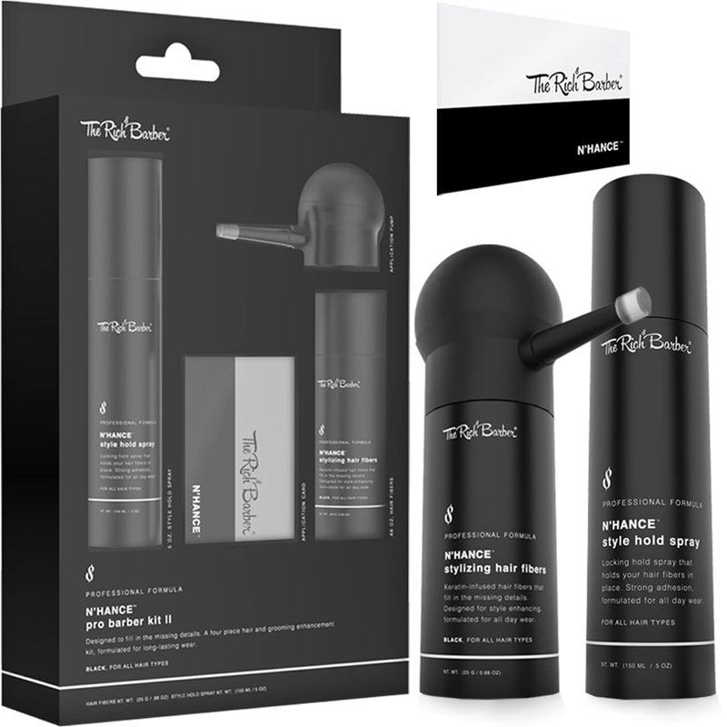 The Rich Barber N'Hance Pro Barber Kit II - 4-in-1 Hair & Beard Styling Set with Keratin-Infused Hair Building Fibers, Style Hold Spray, Applicator Pump, Application Card - Hairline & Edge Enhancer - Image 1